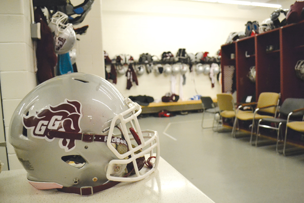 A football helmet in the Gee-Gees football teams locker room