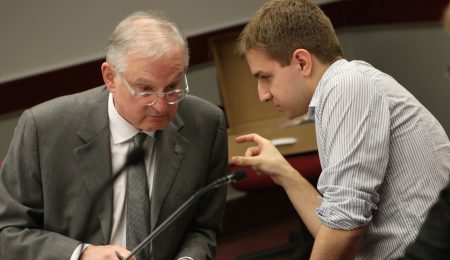 Jamie Ghossein (right), the BOG’s undergraduate student representative, consults with U of O president Jacques Frémont . Photo: Aaron Hemens/Fulcrum