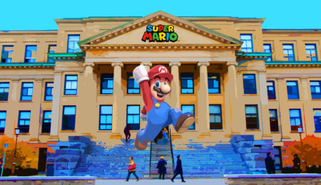 Mario jumping in front of Tabaret
