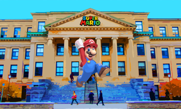 Mario jumping in front of Tabaret