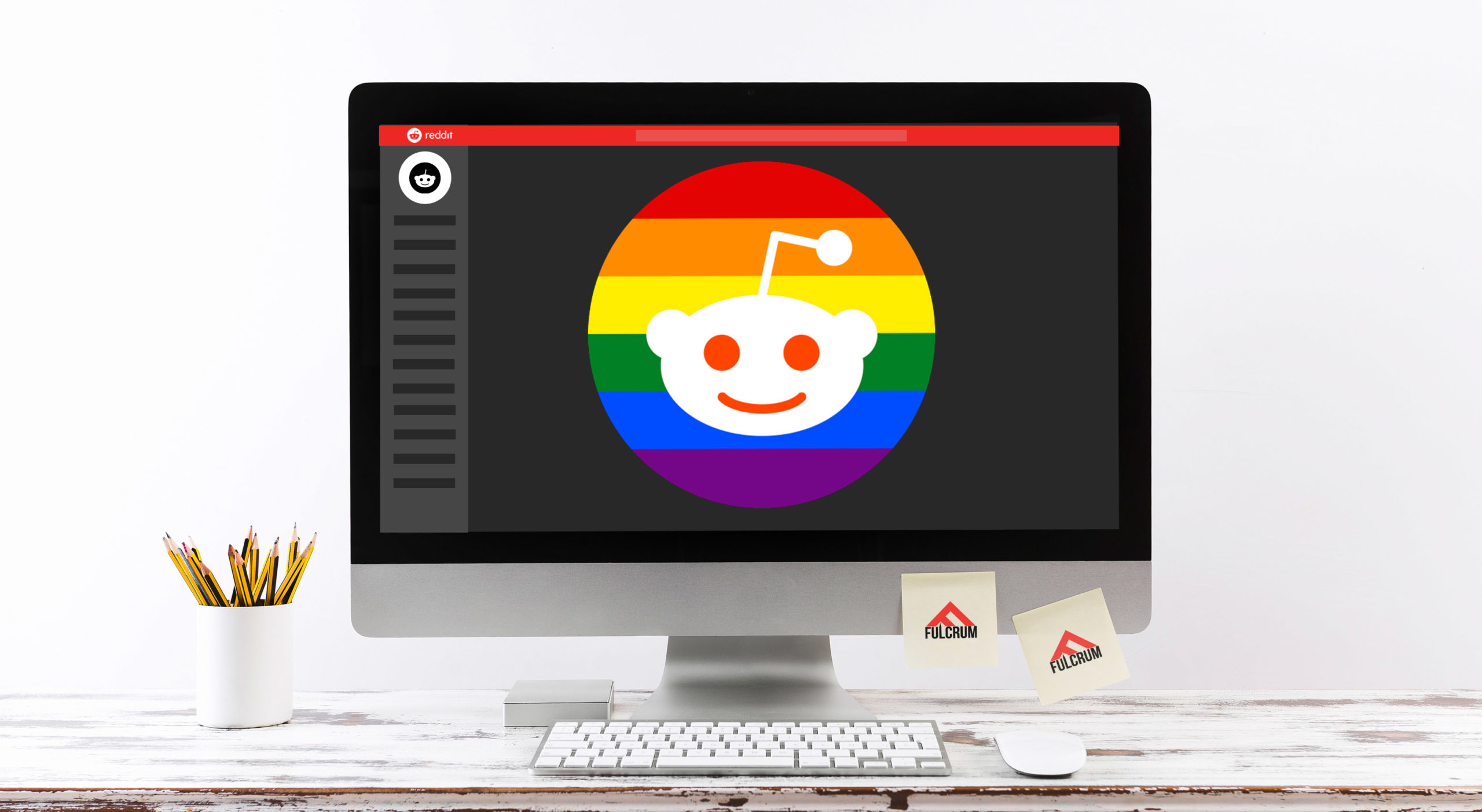 The Reddit logo with a LGBTQ2+ twist representing LGBTQ2+ subreddits