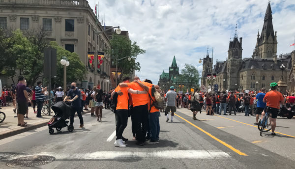 Group hug during the protest