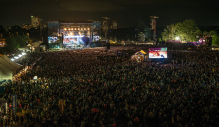 Photo of Bluesfest crowd from sky at night.