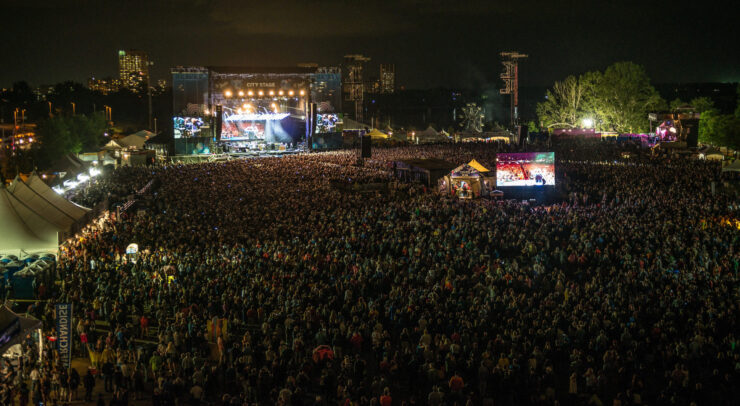 Photo of Bluesfest crowd from sky at night.