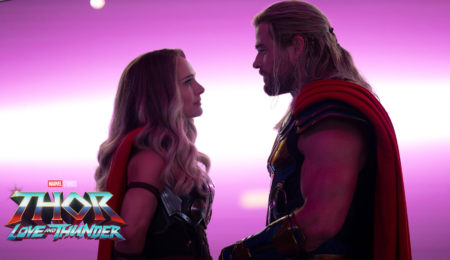 Jane and Thor (Natalie Portman and Christ Hemsworth) looking at eachother in Thor: Love and Thunder.