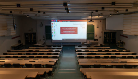 Projector screen in a classroom.