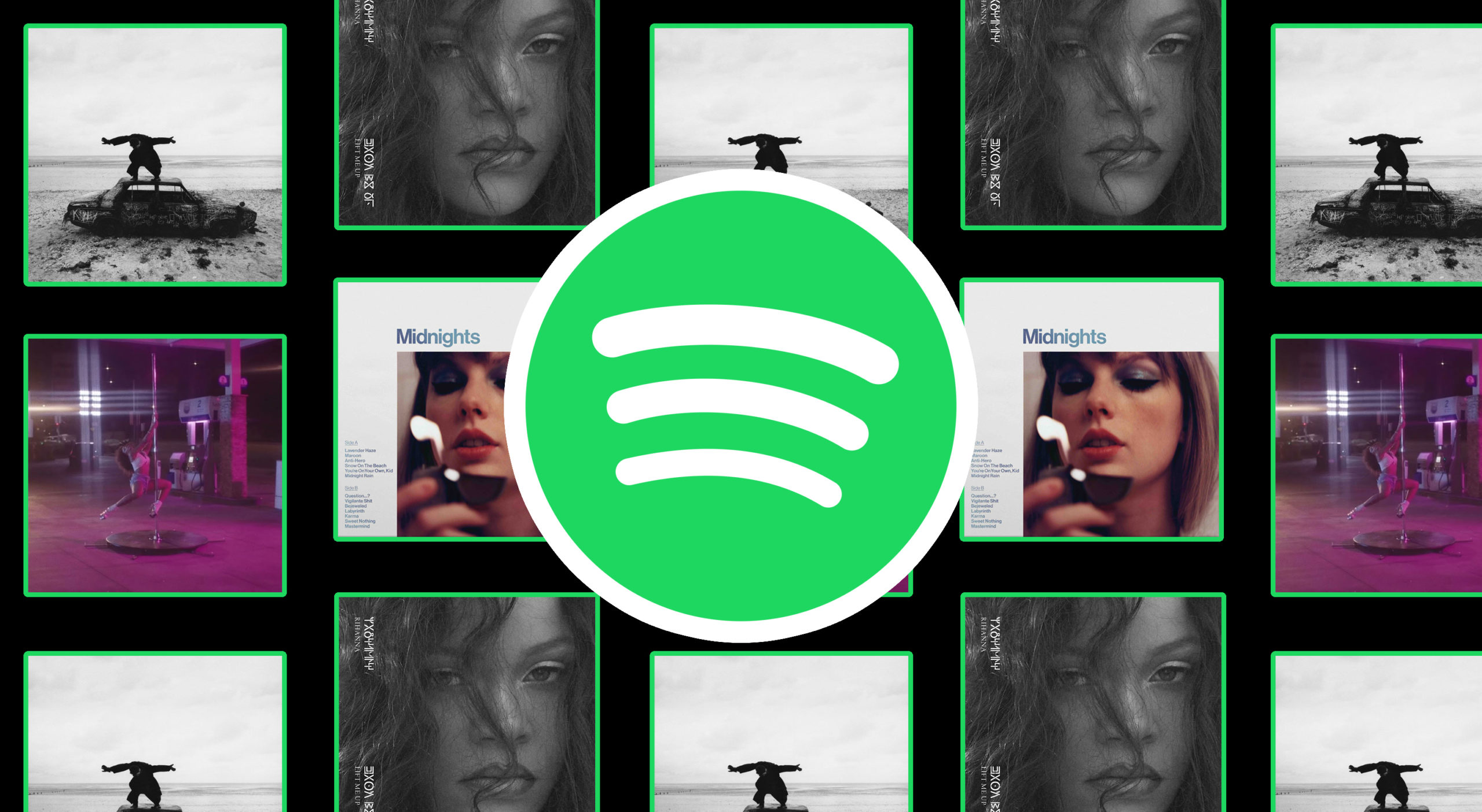Album covers of Rihanna, Taylor Swift, The 1975, and SZA