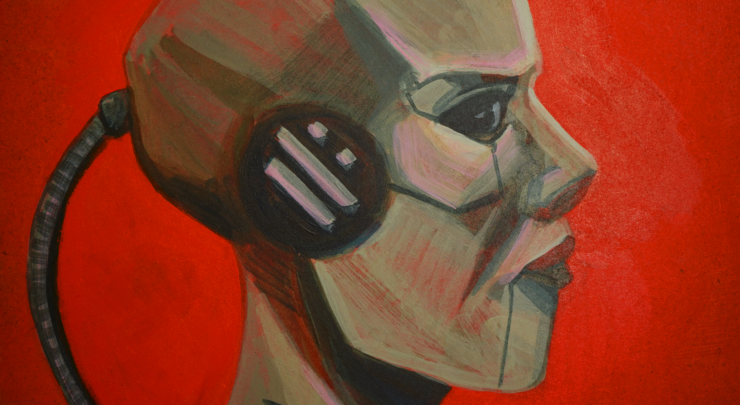 Side view of a human-like robot on a red background