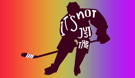 silhouette of hockey player without pride tape on their stick, with words "it's not just tape" in the picture