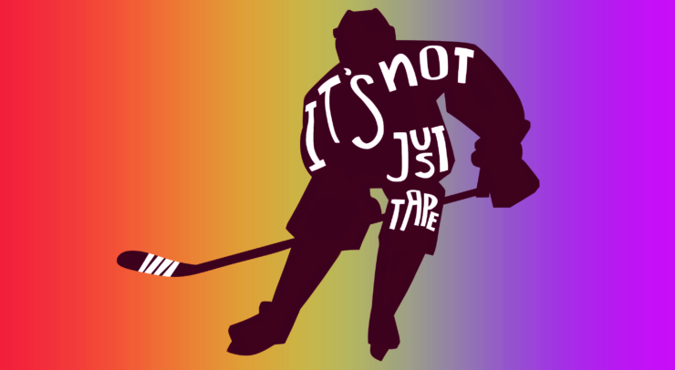 silhouette of hockey player without pride tape on their stick, with words "it's not just tape" in the picture