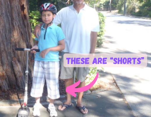 A young Keith with a scooter wearing a helmet, a blue polo shirt and plad white shorts that go way down below their knees. With a caption "these are "shorts" and an arrow pointing at the shorts