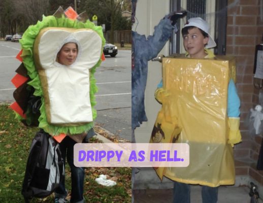 On the left, a young Keith dressed as a white bread sandwich with cheddar cheese, road beef and lettuce. On the right, a young Keith dressed as a stick of butter with a strange expression on their face and a backwards baseball hat. Caption: "Drippy as hell"
