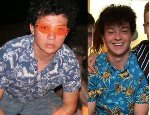 On left: a 20 year old Keith with orange goggles and a hawaiian shirt. On the right: a 19 year old Keith without goggles wearing another hawaiian shirt.
