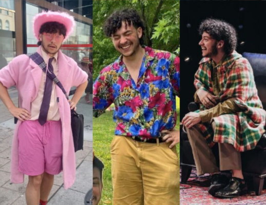 On left: Keith wearing all pink, pink cowboy hat, pink glasses, pink long coat, pink shirt, purple tie, pink shorts, with a bag with a purple handle. In the middle: Keith wearing a hawaiian shirt and on the right Keith wearing a red, green and yellow plad cape.