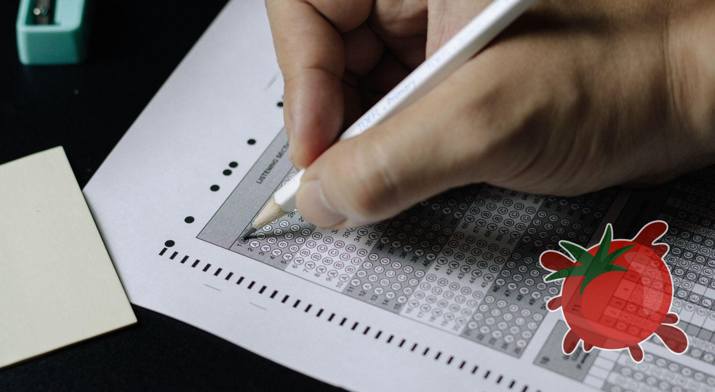 midterm scantron sheet with tomato visual superimposed