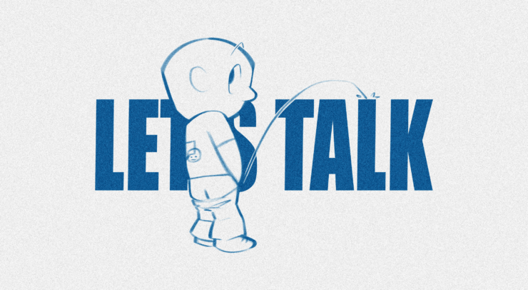 man peeing on 'Let's Talk' words