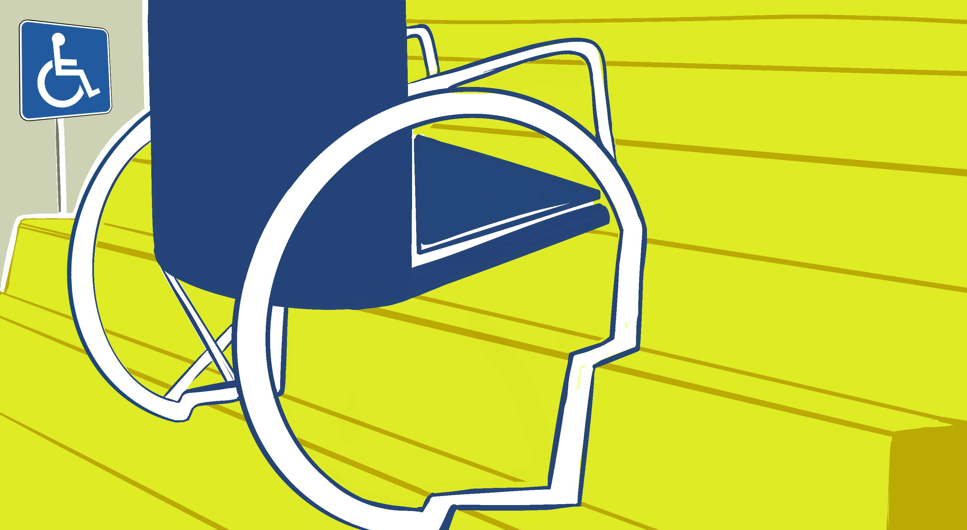 Wheelchair wheels slump over staircase