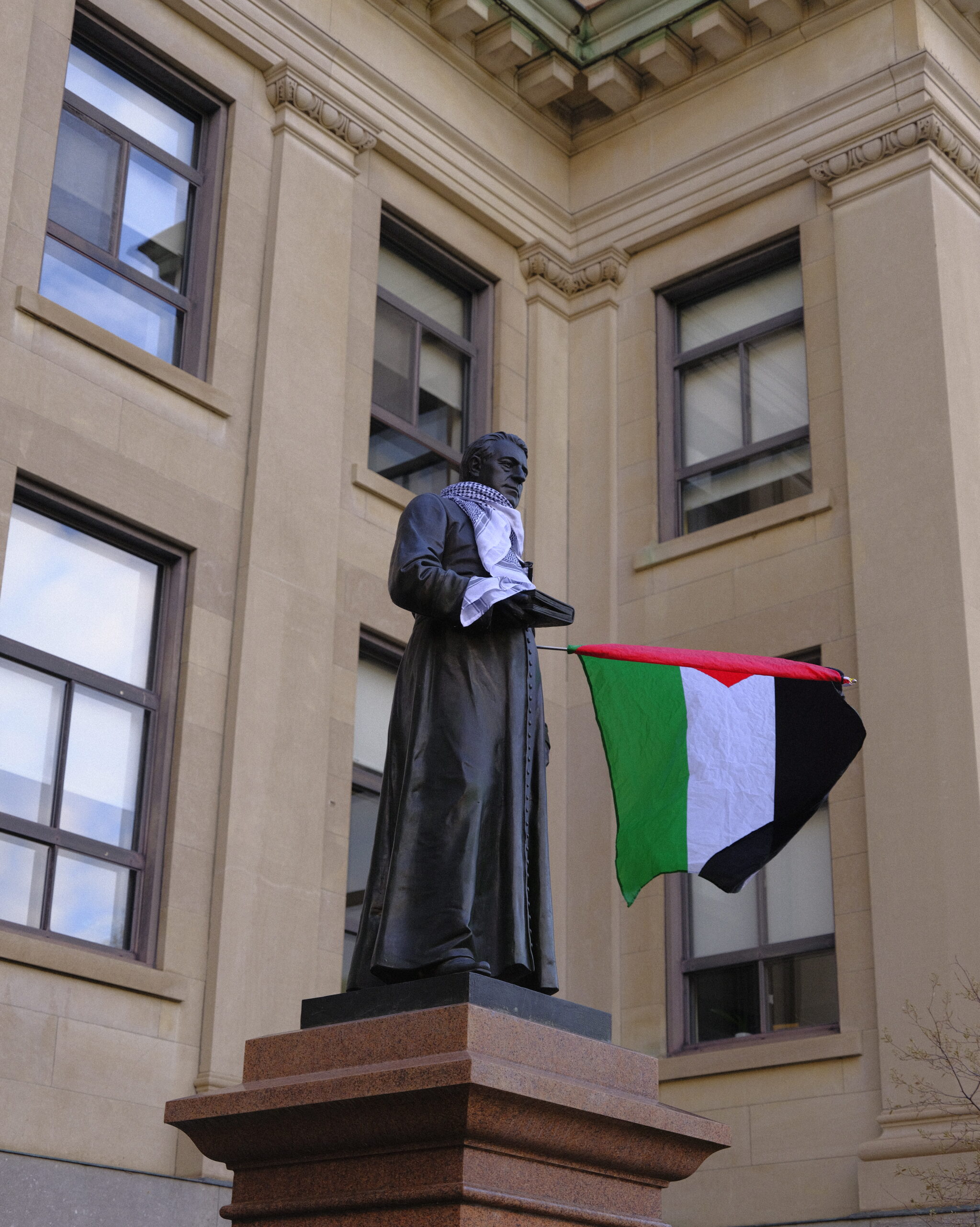 Palestinian flag and keffiyeh on tabaret sculpture
