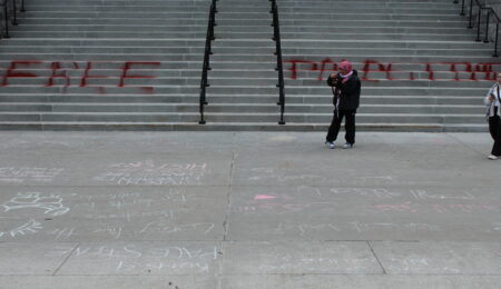 free palestine painted on tabaret hall steps