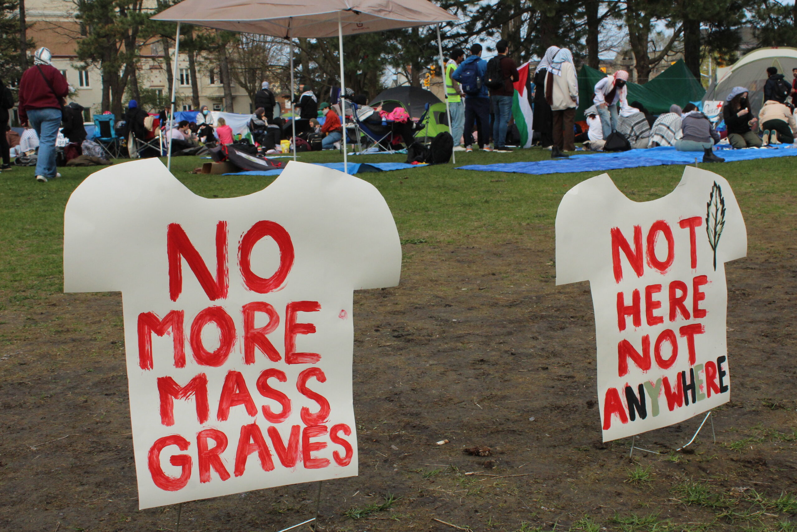 signs saying "no more mass graves"