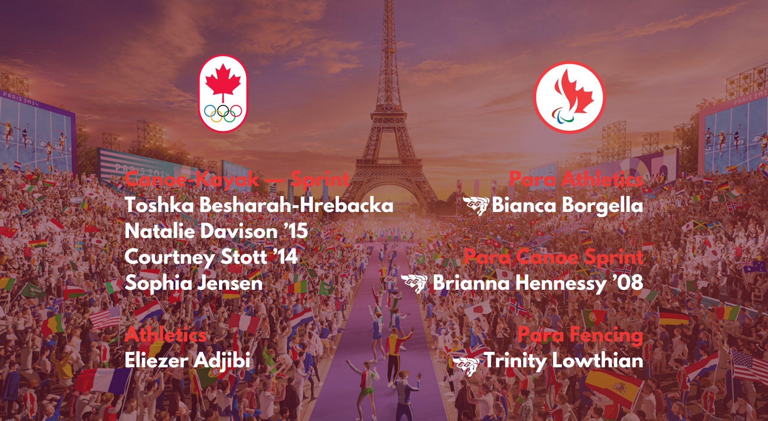 Canoe-Kayak — Sprint Toshka Besharah-Hrebacka Natalie Davison ’15 Courtney Stott ’14 Sophia Jensen Athletics Eliezer Adjibi Para Athletics Bianca Borgella Para Canoe Sprint Brianna Hennessy ’08 Para Fencing Trinity Lowthian