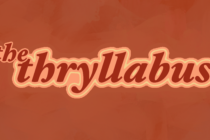 Flat orange graphic, with low opacity pumpkins in the background while text saying "the thryllabus" is surrounded in lighter orange.