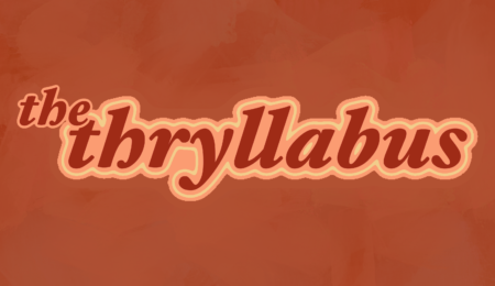 Flat orange graphic, with low opacity pumpkins in the background while text saying "the thryllabus" is surrounded in lighter orange.