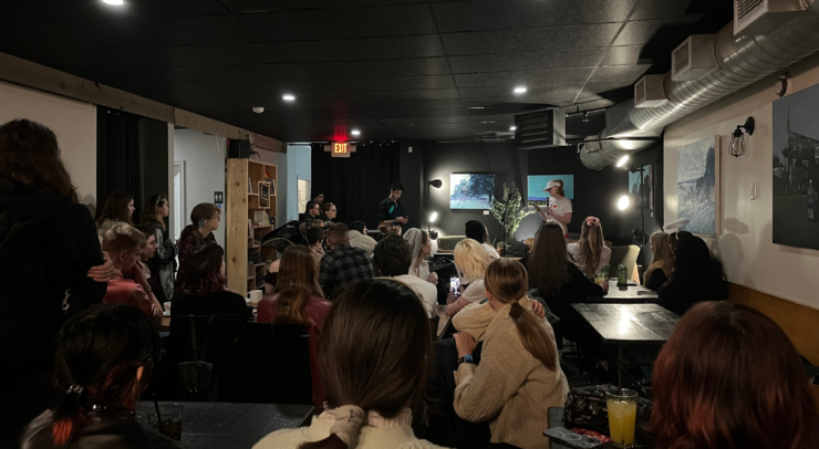 A photo depicting a crowd at Happy Goat on Wilbrod St., gathered for UESA's Blue Monday.