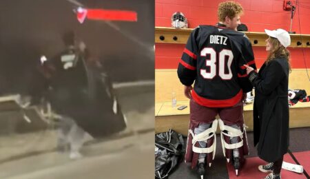 side by side of zach dietz running to the rink and dietz posing with healey