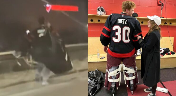 side by side of zach dietz running to the rink and dietz posing with healey