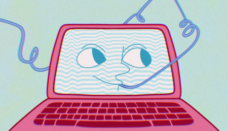 A face on a laptop using a silly straw