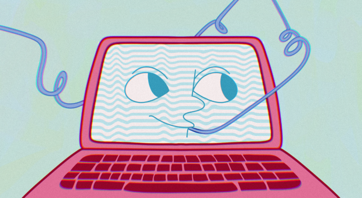 A face on a laptop using a silly straw