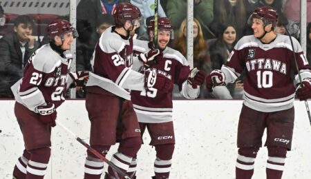 geegees hockey celebrates after a goal