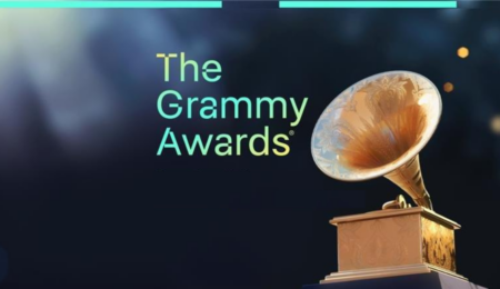 A graphic depicting a Grammy award while text on the upper left of it says "The Grammy Awards"