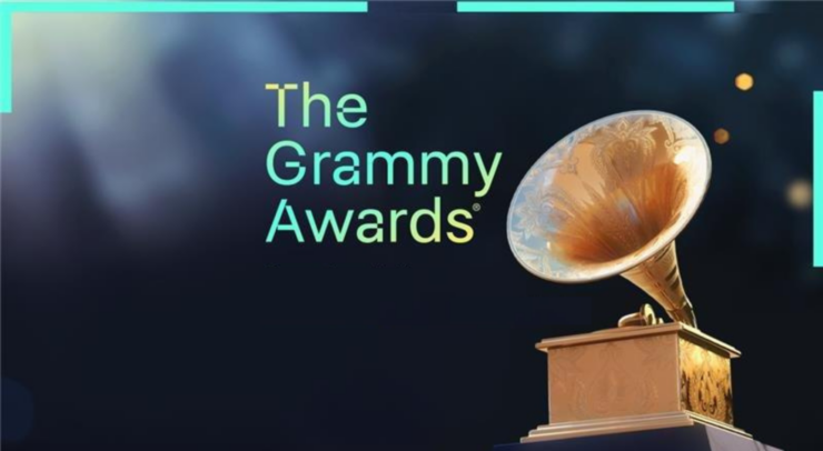 A graphic depicting a Grammy award while text on the upper left of it says "The Grammy Awards"