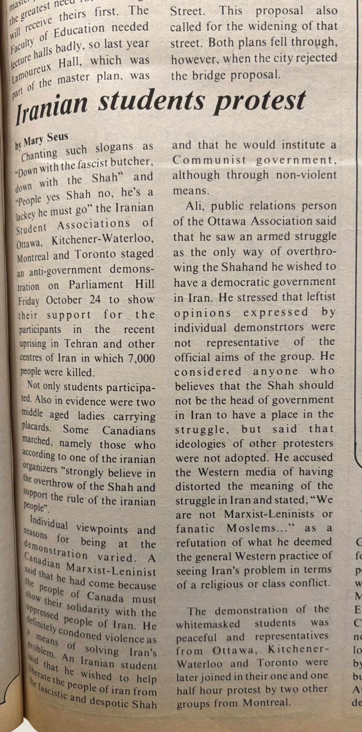 Fulcrum newspaper article from Iranian revolution