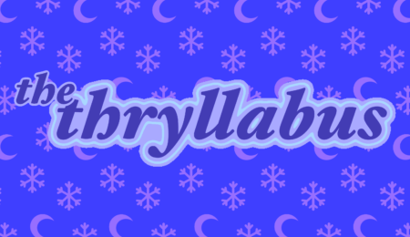 The Thryllabus logo on a blue background dotted with subtle snowflakes and partial moons reflective of Ramadan.