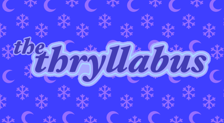 The Thryllabus logo on a blue background dotted with subtle snowflakes and partial moons reflective of Ramadan.