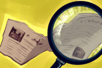 A graphic done by Noah Holun depicting a magnifying glass over a newspaper.
