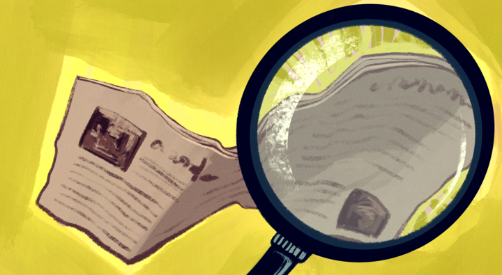 A graphic done by Noah Holun depicting a magnifying glass over a newspaper.
