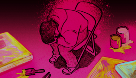 A graphic created by Noah Holub depicting a student bent over in a chair worried about their future.