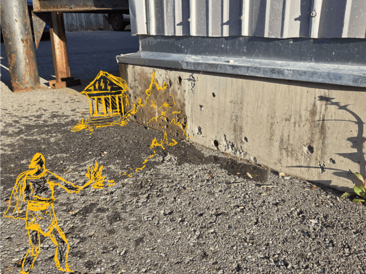 Water mark on the ground with a drawing of a man lighting a fire on it.