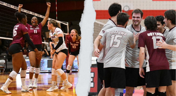 On the left half, the Gee-Gees Women’s volleyball team celebrates a point won. On the right half, the Gee-Gees Men’s team does the same